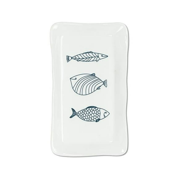 7 x 12 in. Stoneware Fish Plate, White & Blue - Large