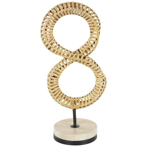7" x 15" Brown Rattan Handmade Infinity Shaped Abstract Sculpture with White Marble Base, by DecMode