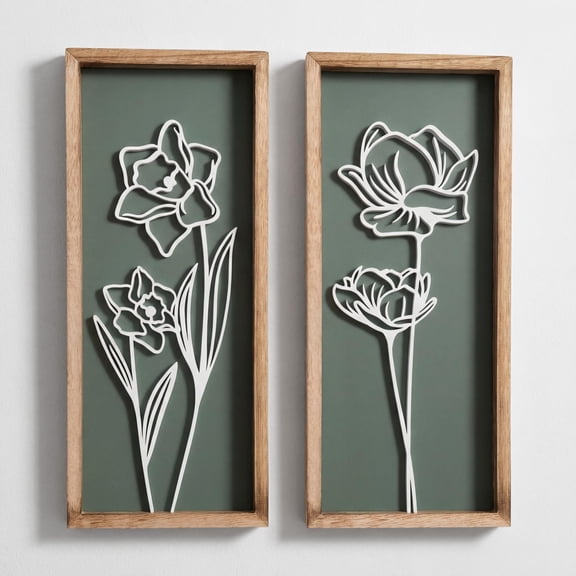 7" x 16" Green Wooden Wall Art Set of 2 for Bathroom Bedroom Living Room Office
