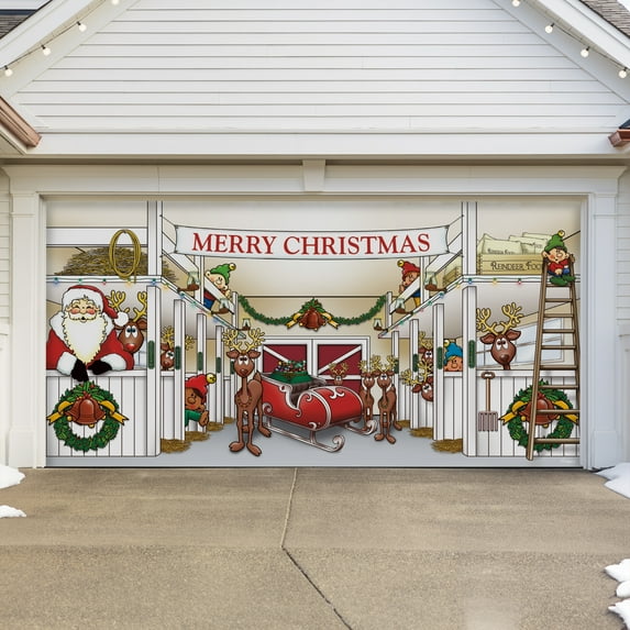 7' x 16' Heartwarming Santa’s Reindeer Barn Double Garage Door Banner - Festive Holiday Décor