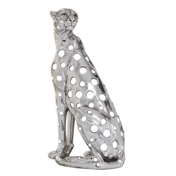 7" x 16" Silver Polystone Leopard Sculpture, by DecMode
