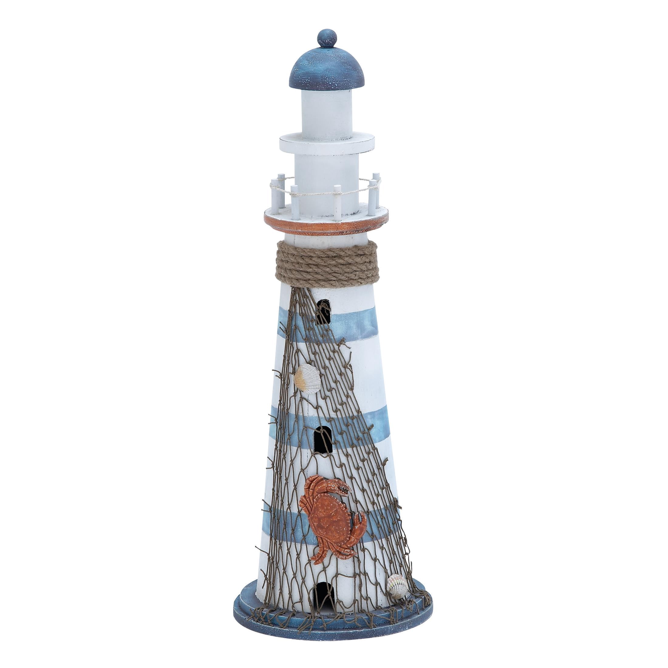 7" x 16" Blue Wood Light House Sculpture with Netting, by DecMode