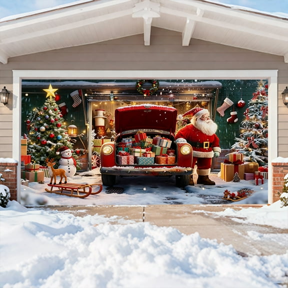 7 x 16 ft Christmas Garage Door Banner Decorations Red Truck with Santa Claus Christmas Garage Door Cover Large Xmas Wall Door Backdrop for Xmas Winter Indoor Outdoor Party Decor Supplies