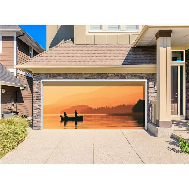 7 x 16 ft. Fishing Boat Sunset Nature Door Mural Sign Car Garage Banner  Decor, Multi Color 