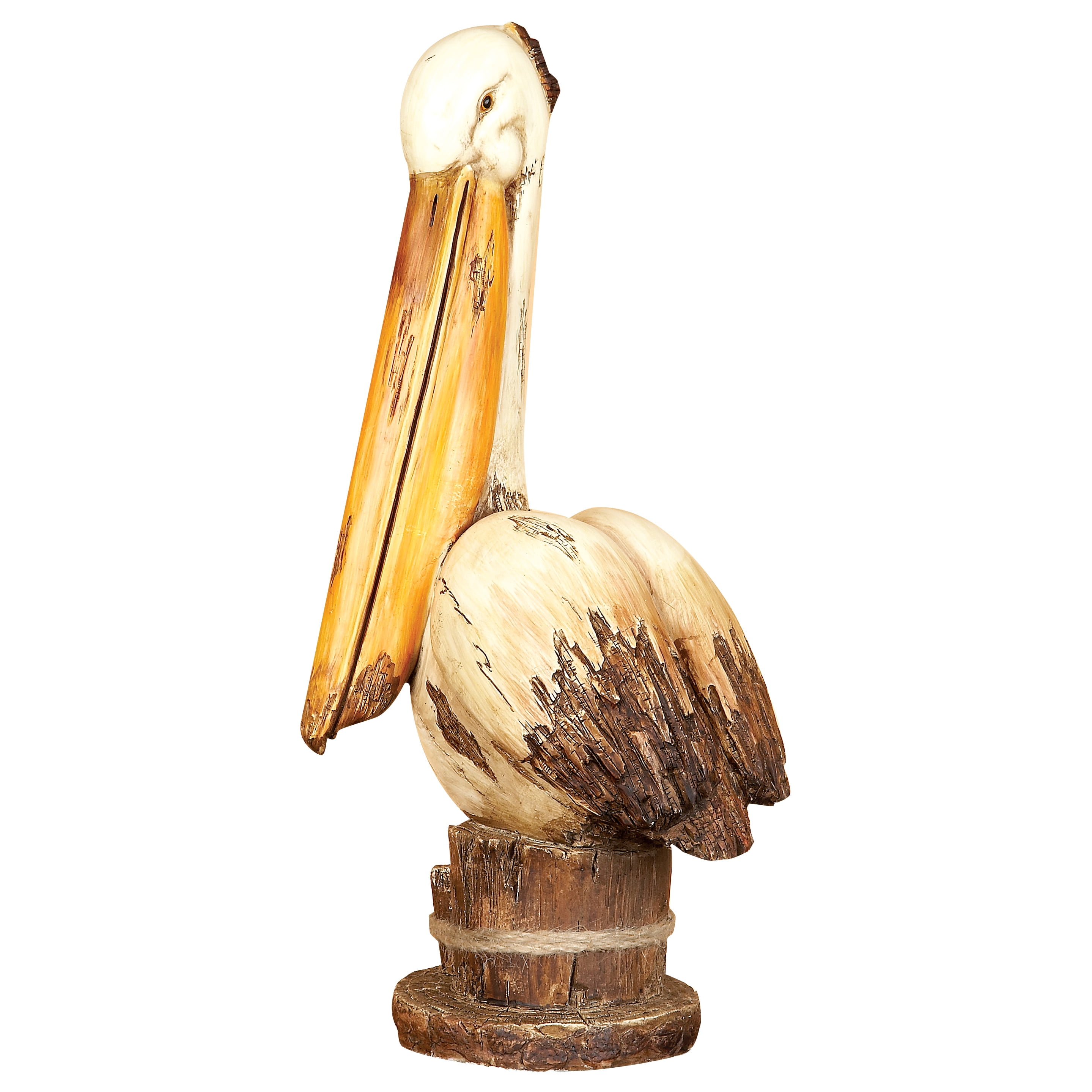 Cream and Brown Wood Pelican Sculpture with Pedestal