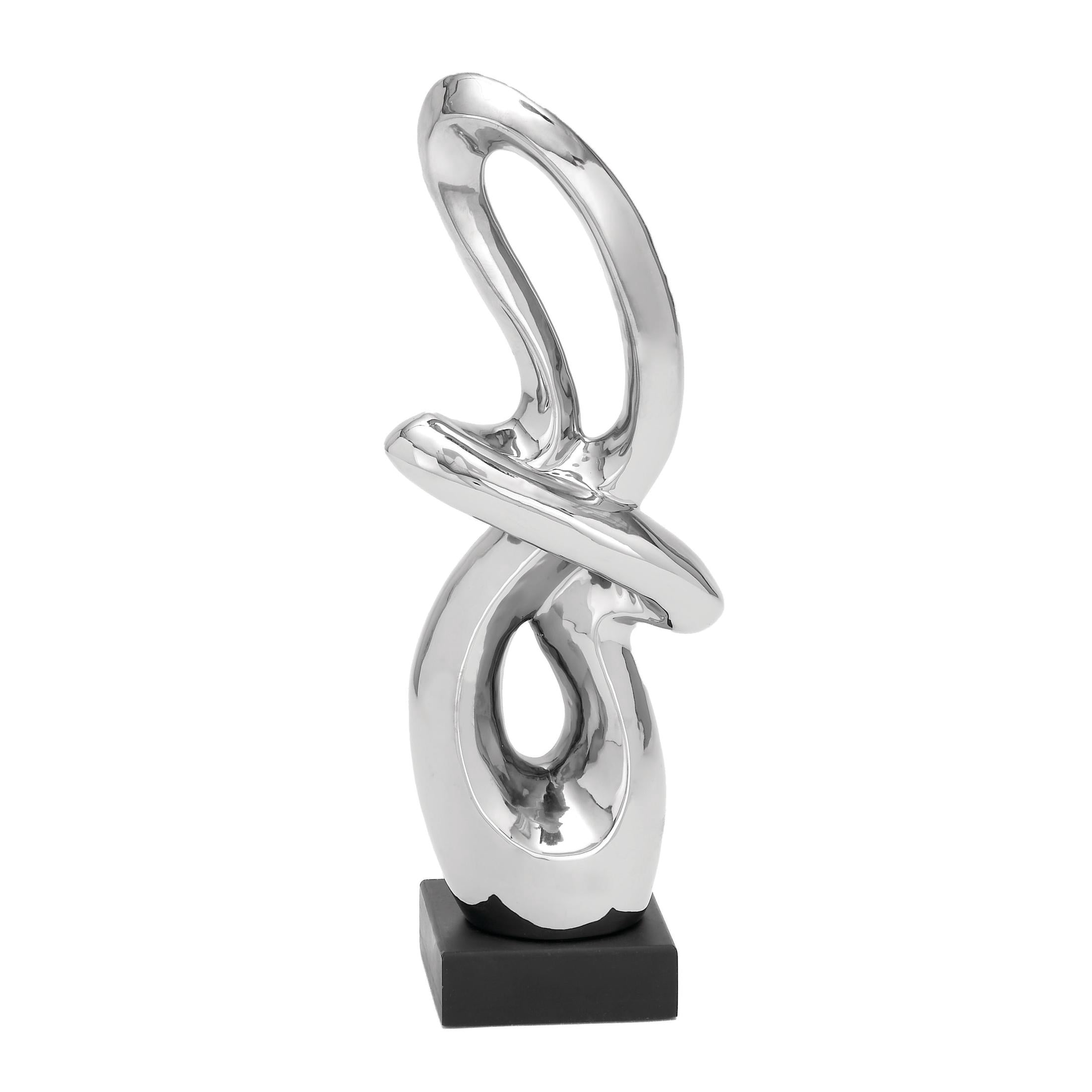 7" x 18" Silver Ceramic Swirl Abstract Sculpture with Black Base, by DecMode