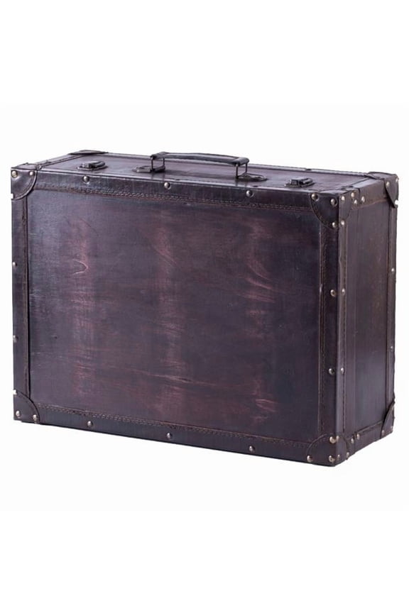 7 x 18 x 13 in. Vintage Style Wooden Suitcase with Leather Trim, Brown