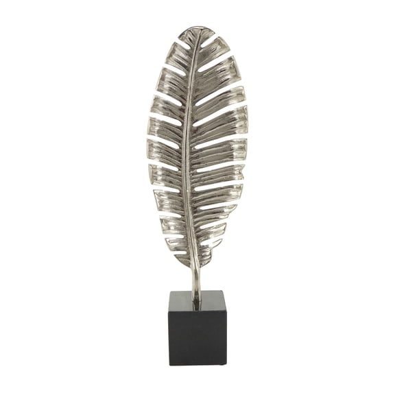 7" x 24" Silver Aluminum Standing Single Leaf Sculpture with Black Marble Base, by CosmoLiving by Cosmopolitan