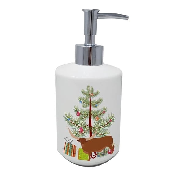 7 x 3.5 in. Unisex Ankole-Watusu Cow Christmas Ceramic Soap Dispenser, Teal