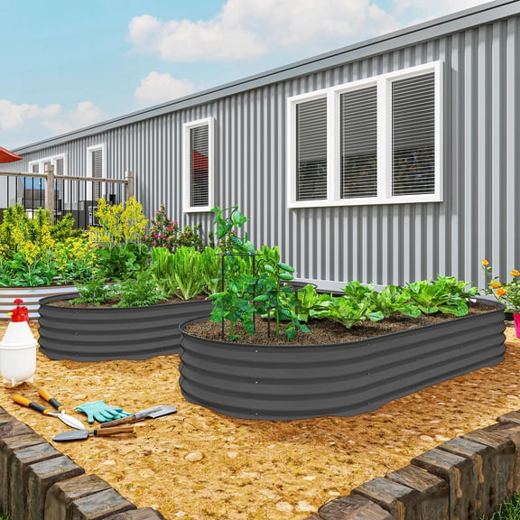 7' x 3' x 1' Raised Garden Bed Set, 2PCS Raised Beds for Gardening with Metal Plant Stakes, Dark Gray