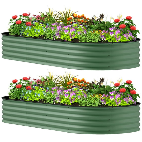 7' x 3' x 1' Raised Garden Bed Set, 2PCS Raised Beds for Gardening with Metal Plant Stakes, Green