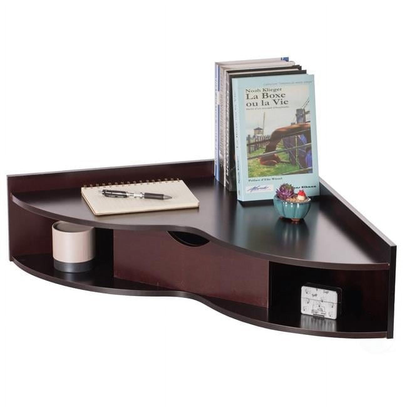Elegant Heart-Shaped Brown Corner Writing Desk with Drawer and Shelves