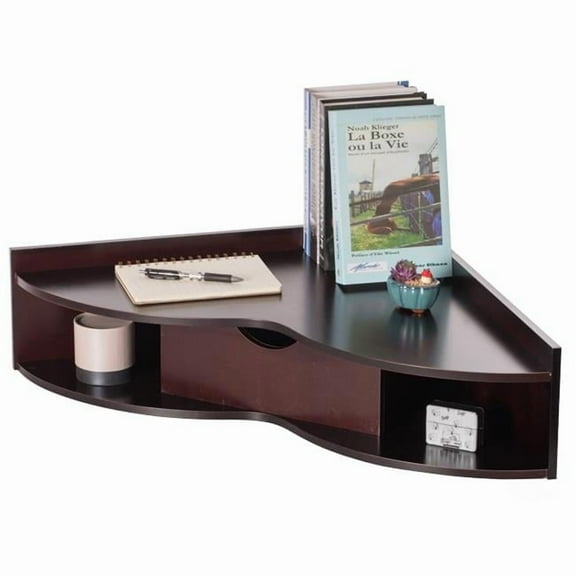 7 x 33 x 23.5 in. Corner Desk Heart Shaped Wall Mounted Office Table with Drawer & Two Shelves Computer Writing Desk, Brown