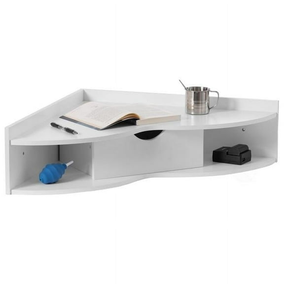 7 x 33 x 23.5 in. Corner Desk Heart Shaped Wall Mounted Office Table with Drawer & Two Shelves Computer Writing Desk, White - Corner