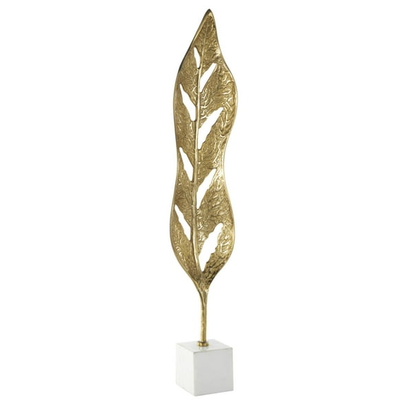 7" x 35" Gold Aluminum Metal Tall Textured Cutout Leaf Sculpture with White Marble Base, by DecMode
