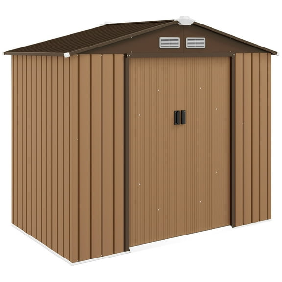 7' x 4' Outdoor Storage Shed, Garden Tool House w/ Foundation Kit Vents & Sliding Doors for Backyard Patio, Brown