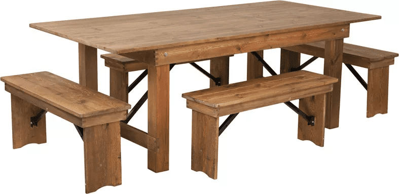 Antique Rustic 6-Person Pine Wood Farm Dining Set with Benches