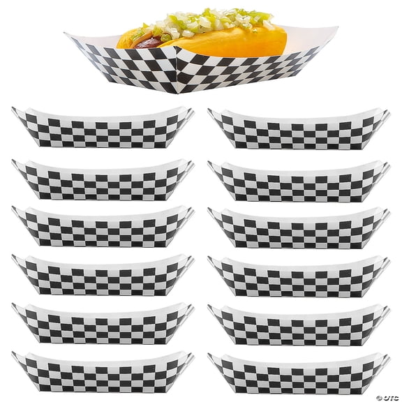 7" x 5" Black & White Checkered Disposable Cardstock Food Trays  12 Pieces