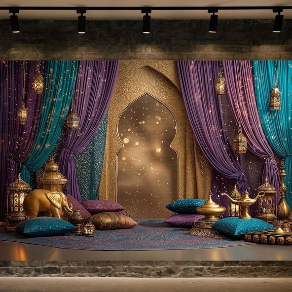 7 x 5 ft Arabian Moroccan Nights Party Backdrop, Moroccan Nights Purple Blue Curtain Lamp Luxurious Princess Wedding Birthday Baby Shower Party Background Decorations Studio Props,2
