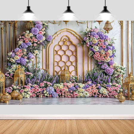 7 x 5 ft Arabian Moroccan Party Backdrop, Moroccan Purple Floral Luxurious Golden Palace Wall Photo Backdrop for Princess Wedding Birthday Baby Shower Party Background Decorations Photo Studio Props