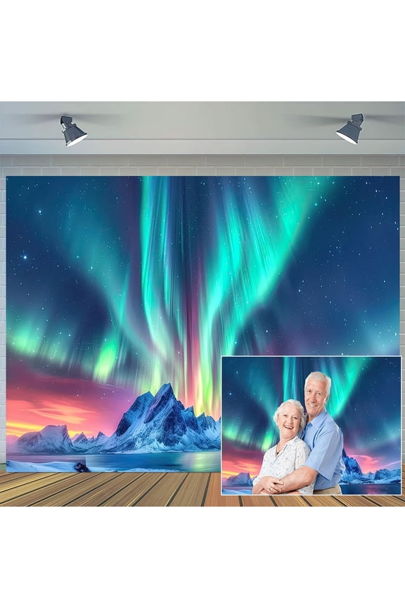 7 x 5 ft Aurora Borealis Winter Night Sky Backdrop Snow-Capped Mountains Lake Scenery Starry Sky with Polar Lights Norway Winter Landscape Background Home Decor Photo Booth Studio Props