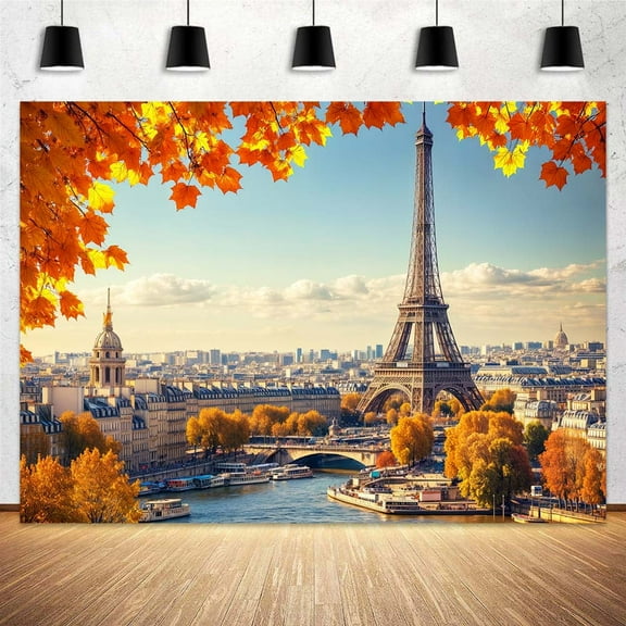 7 x 5 ft Autumn Eiffel Tower Backdrop Fall France Paris City Yellow Maple Leaves Photo Background Wedding Baby Shower Travel Portrait Photoshoot Video Studio Photo Props