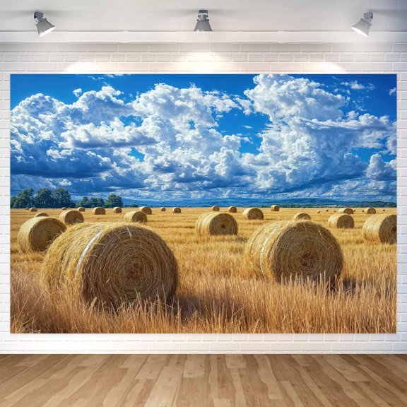 7 x 5 ft Autumn Harvest Field Backdrop Fall Farm Blue Sky White Clouds Field Haystack Country Photography Background Western Newborn Children Birthday Background Banner Photo Studio Props