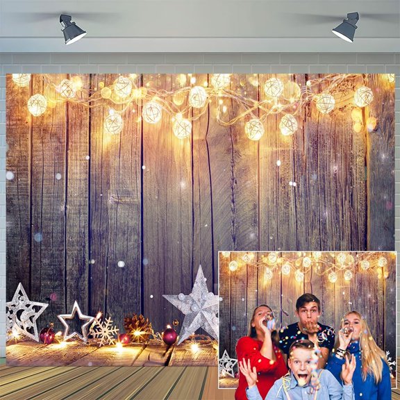 7 x 5 ft Christmas Backdrop Retro Rustic Shiny Lights Fade Stars Snowflake Wooden Plank Barn House Xmas Background Christmas Party New Year Party Decoration Banner Kids Adult Portrait Studio Props