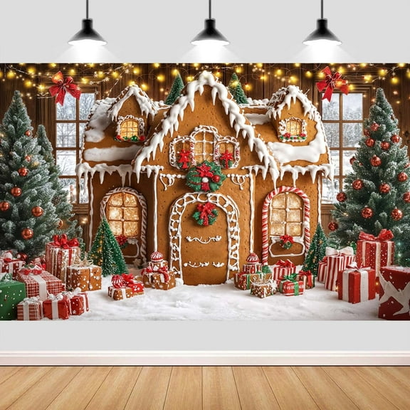 7 x 5 ft Christmas Gingerbread House Backdrop, Winter Christmas Tree Candy House Snowflake Photography Background for Kids Baby Shower Birthday Party Decor Banner Supplies Photo Booth Favor Prop