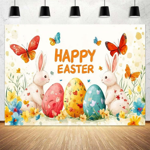 7 x 5 ft Easter Egg Hunt Backdrop Spring Pink Bunny Rabbit Colorful Eggs Floral Butterfly Grassland Kids Baby Shower Birthday Party Photography Background Happy Easter Party Supplies Props