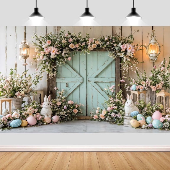 7 x 5 ft Easter Spring Photo Backdrop Party Decorations, Spring Easter Eggs Rabbit Bunny Floral Blue Wooden Doors Backdrops for Photography Background Photo Banner Booth Props