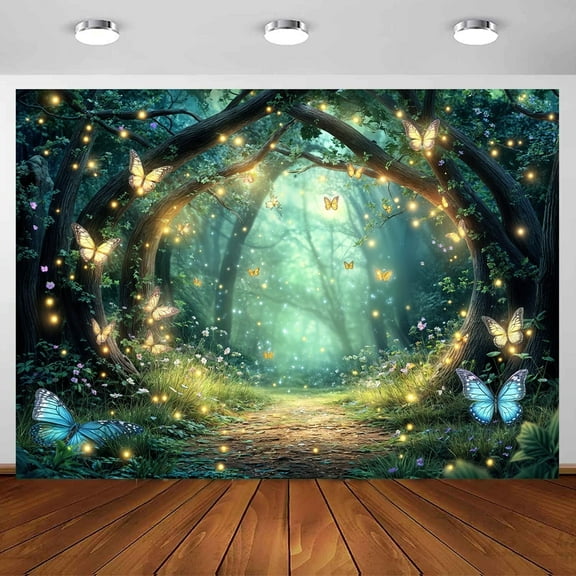 7 x 5 ft Enchanted Forest Backdrop Spring Fairytale Forest Flower Wonderland Background, Glitter Butterfly Princess Magic Theme Banner Portraits Photo Props Party Decor