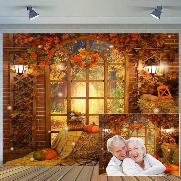 7 x 5 ft Fall Thanksgiving Backdrop Autumn Pumpkin Harvest Window Photography Backdrops Maple Leaves Haystack Floral Party Decorations Background