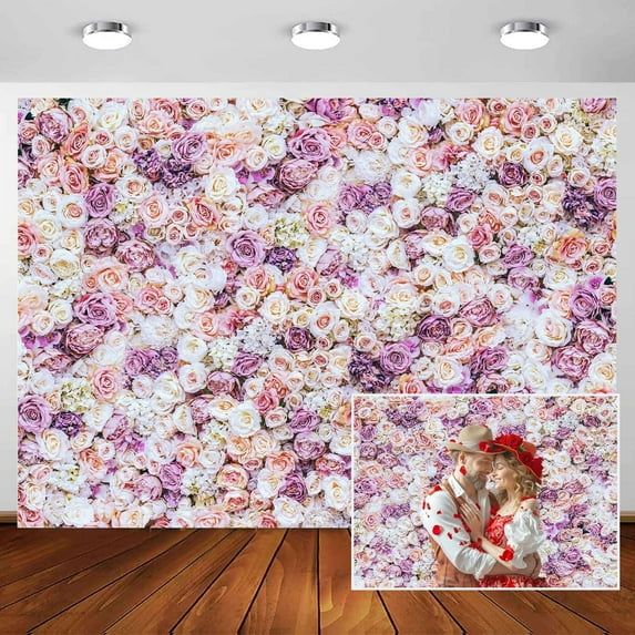 7 x 5 ft Flower Wall Backdrop Purple White Floral Rose Wedding Photo Backdrop Valentine's Day Background Polyester for Birthday Bridal Shower Anniersary Party Photo Shoot Decor