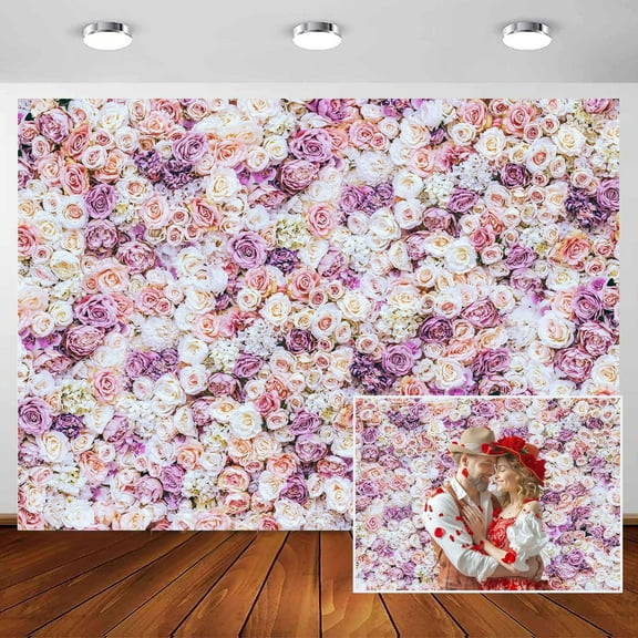 7 x 5 ft Flower Wall Backdrop Purple White Floral Rose Wedding Photo Backdrop Valentine's Day Background Polyester for Birthday Bridal Shower Anniersary Party Photo Shoot Decor