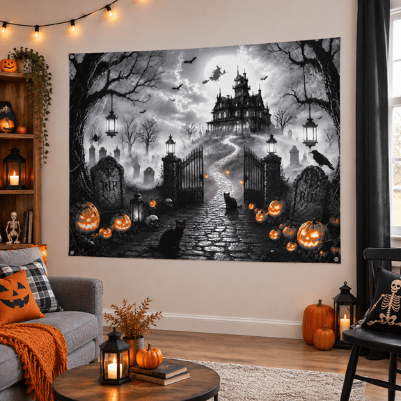 7 x 5 ft Gray Haunted House Scene Setter, Party Wall Decor and Photography Backdrop