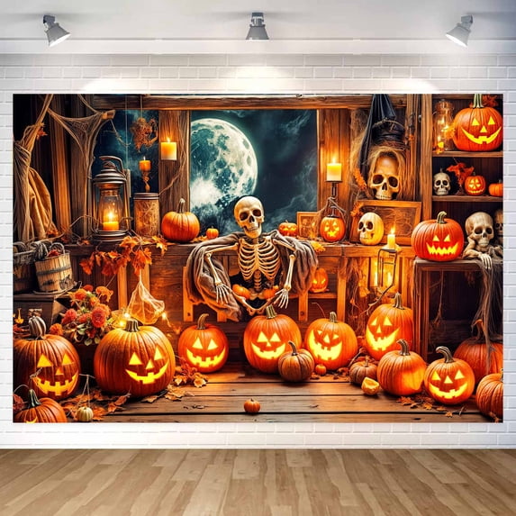 7 x 5 ft Halloween Backdrop Pumpkin Haunted House Witches Cottage Photography Background Vintage Room Autumn Halloween Themed Party Decorations Photo Booth Banner