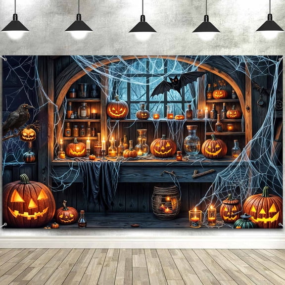 7 x 5 ft Halloween Backdrop Pumpkin Lantern Witch Kitchen Magic Skull Poison Apothecary Photography Background Horrible Night Halloween Party Decor Photo Banner