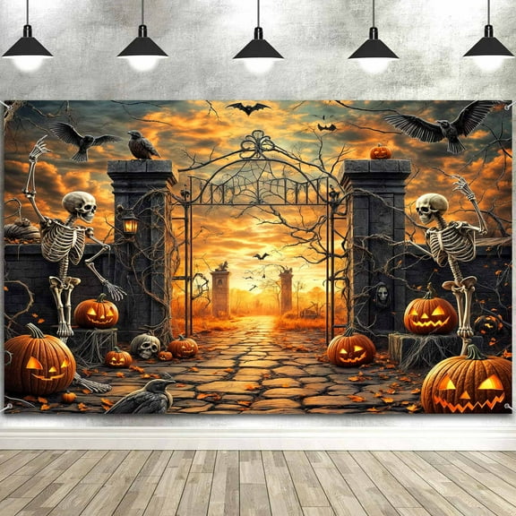 7 x 5 ft Halloween Backdrop Skull Welcome Night Full Moon Pumpkin Crow Photo Background Scary Tree Branch Trick or Treat Party Decorations Photography Background Studio Props