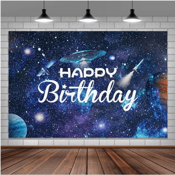 7 x 5 ft Happy Birthday Backdrop Glitter Outerspace Galaxy Kids Astronaut Spaceship Photography Fabric Background Universe Backdrop Banner for Baby Shower Birthday Party Photo Shoot Decoration