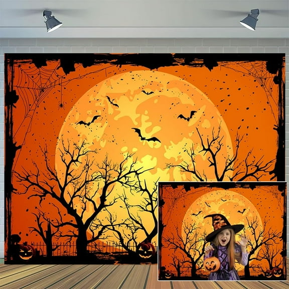 7 x 5 ft Happy Halloween Orange Backdrop Bat Scary Pumpkin Lantern Full Moon Photo Backdrops for Parties Banner Decorations Outdoor Kids Portrait Hallowmas Holiday Photography Background