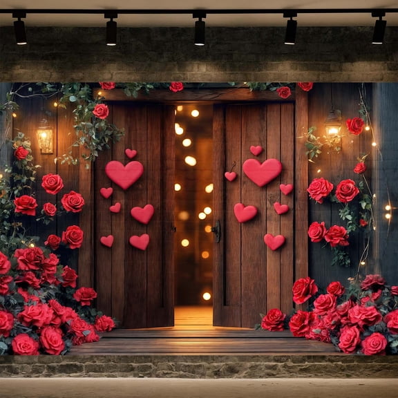 7 x 5 ft Happy Valentine's Day Photography Backdrop, Brick Wall Wood Door Red Rose Flower Love Heart Background, Valentine's Day Party Decorations Photo Booth Props