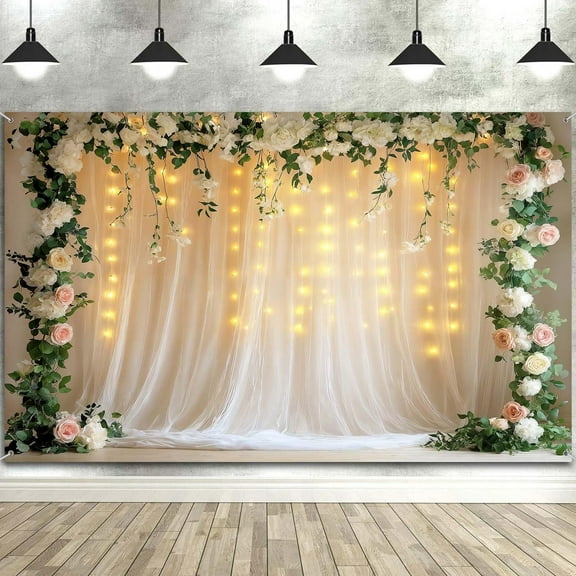 7 x 5 ft Happy Valentine's Day White Floral Wedding Backdrop, White Flowers Curtain Wedding Ceremony Bridal Floral Wall Photography Background, Anniversary Bridal Party Banner Photo Booth Props
