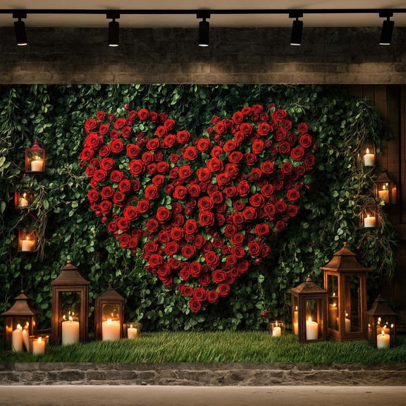 7 x 5 ft Happy Valentines Day Heart Photography Backdrop, Valentine's Day Red Rose Flower Love Heart Lights Wall Green Lawn Background for Bridal Shower Birthday Wedding Party
