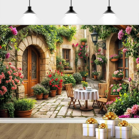 7 x 5 ft Italian Theme Backdrop Italy Town Street Backdrop for Photography, Europe Village Town Landscape Photography Background Garden Tea Party Photo Studio Props,2