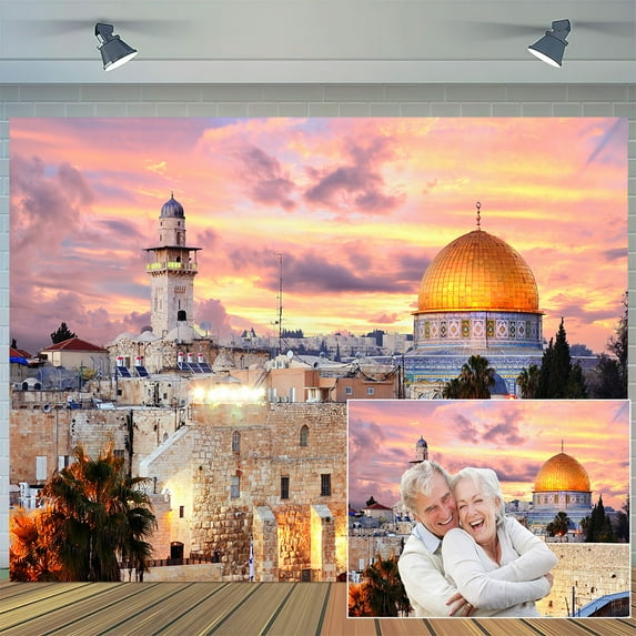 7 x 5 ft Jerusalem Cityscape Backdrop Old City of Israel, Western Wall, Temple Mount, Dome of The Rock, Religious Building Bethlehem Background Backdrops Home Decor Banner Photo Props