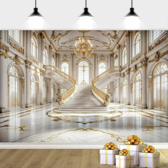 7 x 5 ft Luxurious Palace Backdrop, White Golden Palace Photography Background Dreamlike Wedding Photo Background, European Hall Photography Backdrop Wedding Bridal Shower Party Banner Decor