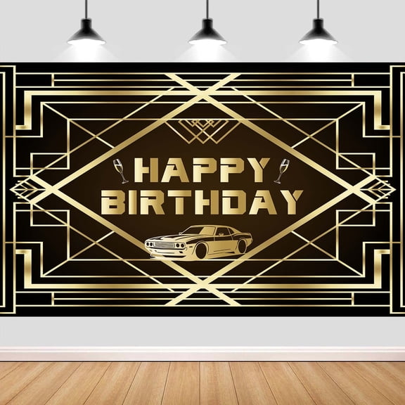 7 x 5 ft Luxurious Photography Backdrop, Luxury Geometric 1920s Black and Gold Happy Birthday Party Background Backdrop Banner for Photography or 20's Bday Party Decoration