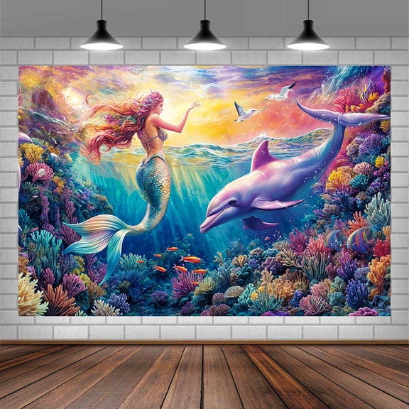 7 x 5 ft Mermaid Birthday Backdrop Under The Sea Whale Birthday Party Decoration for Girl Coral Marine life Underwater Photography Background Birthday Banner Baby Shower Party Supplies