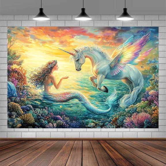 7x5ft Mermaid Unicorn Backdrop, Under The Sea Birthday Party Decoration for Girls with Vinyl Photography Background   Banner & Photo Booth Props